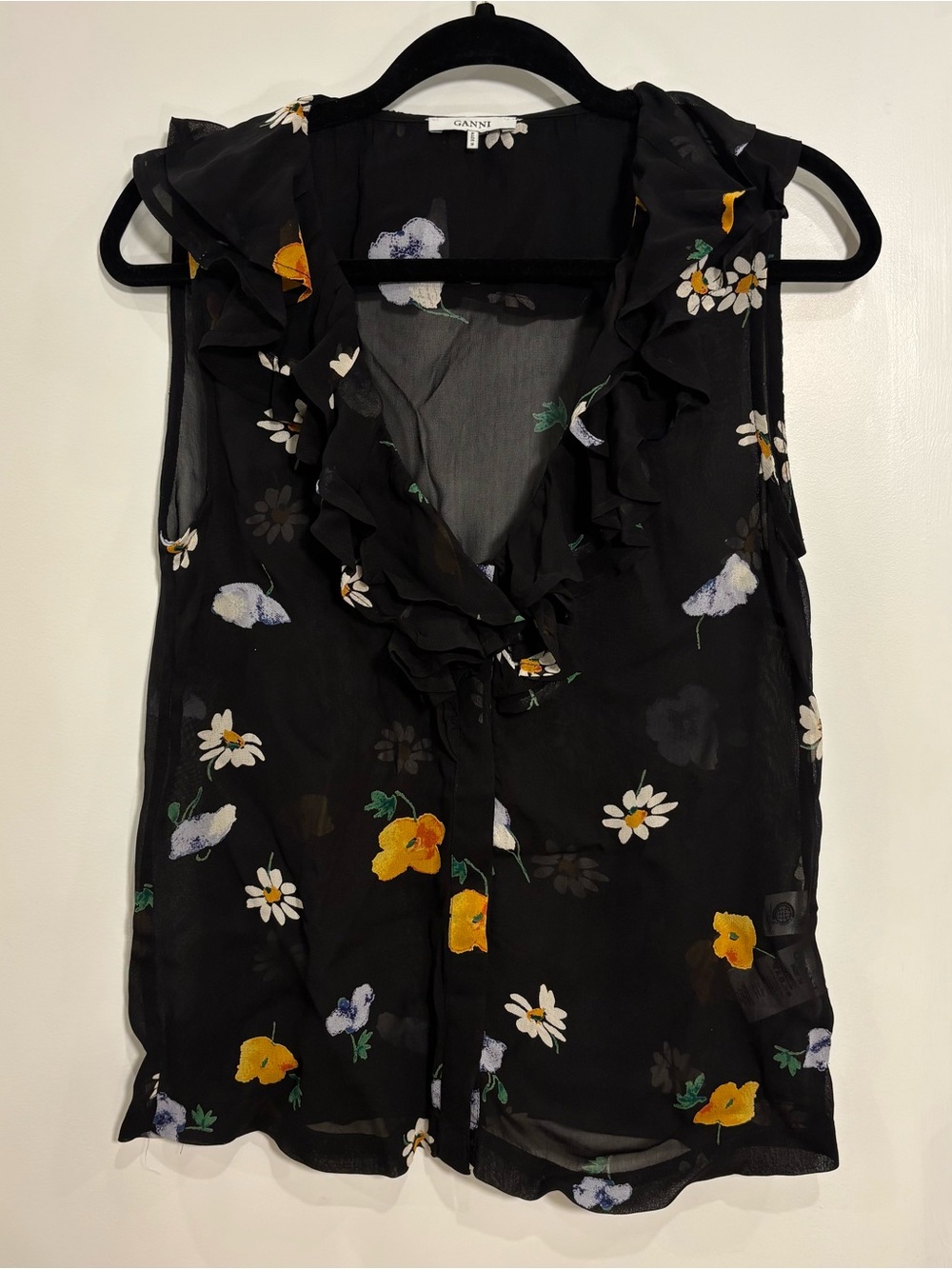 GANNI Dainty Floral Georgette Ruffle Sleeveless Size 36 Black Sheer V Neck
